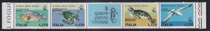 italy # 1320a, Fish, Turtles, Seal, Bird, Strip of Four + Label, NH