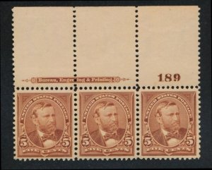 U.S. 270 MINT VF-XF NH PL# STRIP OF 3, 5c BROWN GRANT