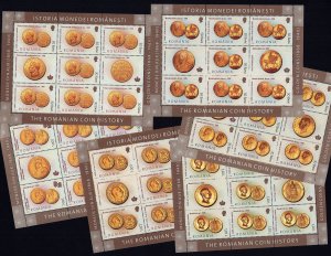 Romania Scott 4788-4793 gold coins on stamps MNH sheets with labels