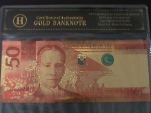 ​PHILIPPINES-2019-24 KARAT GOLD REPLICA 50 PESO BANK NOTE-WITH CERIFICATE VF