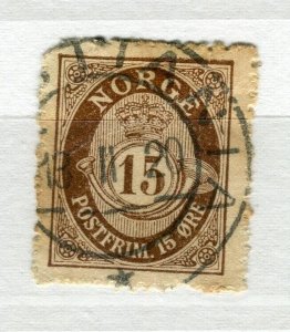 NORWAY; 1909 early Posthorn issue fine used hinged 15ore. value POSTMARK