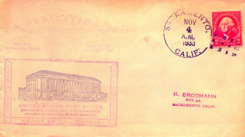 U.S. POST OFFICE AT SACRAMENTO CALIFORNIA DEDICATION COVER WITH CACHET 1933