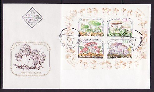 Bulgaria, Scott cat. 4085 a-d. Mushrooms s/sheet. First day cover. ^