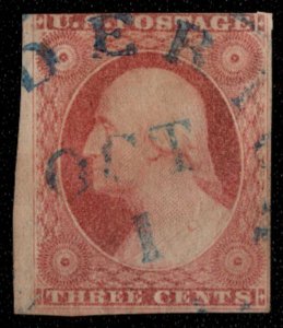 US #11 XF-SUPERB, sheet margin on left,  super nice town cancel, four full ma...