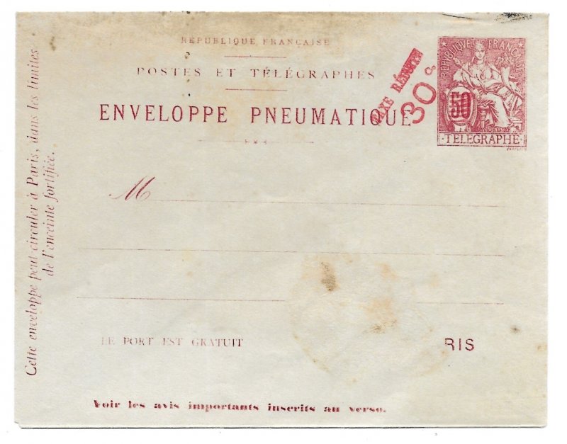 Paris, France Unused Telegraphe Pneumatic Post Envelope, 30c on 50c Surcharge