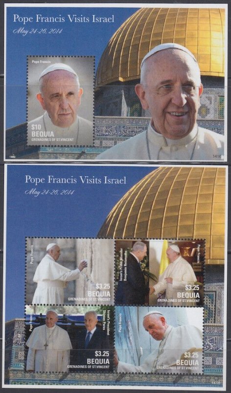 ST VINCENT BEQUIA #STB002, MNH S/S X 2 DIFF POPE FRANCIS VISITS ISRAEL