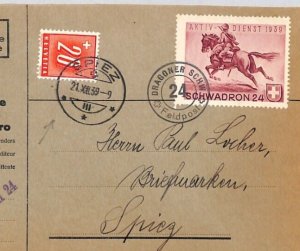 SWITZERLAND *Postage Due* Cover CAVALRY SOLDIER STAMP 1939 Spiez HORSES ZT163