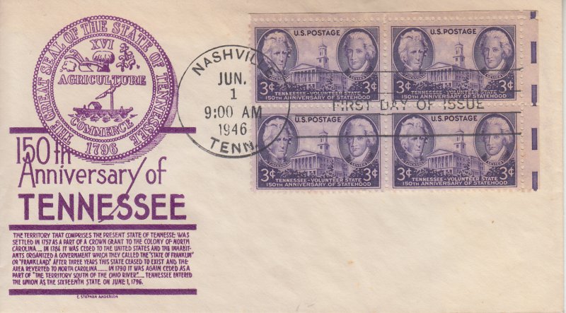 1946 USA Tennessee Anderson B4 (Scott 941)UA FDC