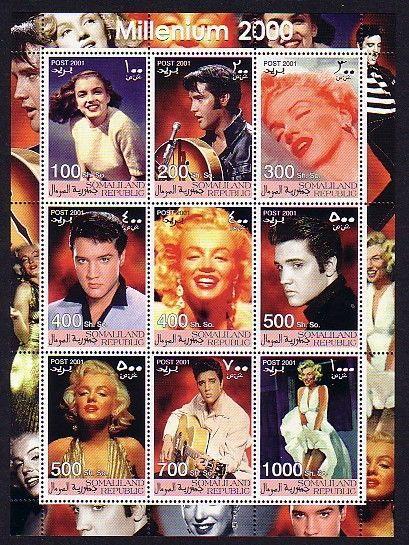 Somaliland, 2001 Cinderella issue. Elvis Presley & Marilyn Monroe sheet of 9.