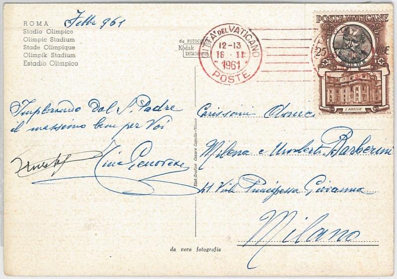 54125 - VATICAN - Postal History: POSTCARD with cancellation RED 1961-