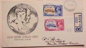 BARBADOS FDC SILVER JUBILEE 1935 MY 6 REGISTERED B/S CANADA,USA X 2