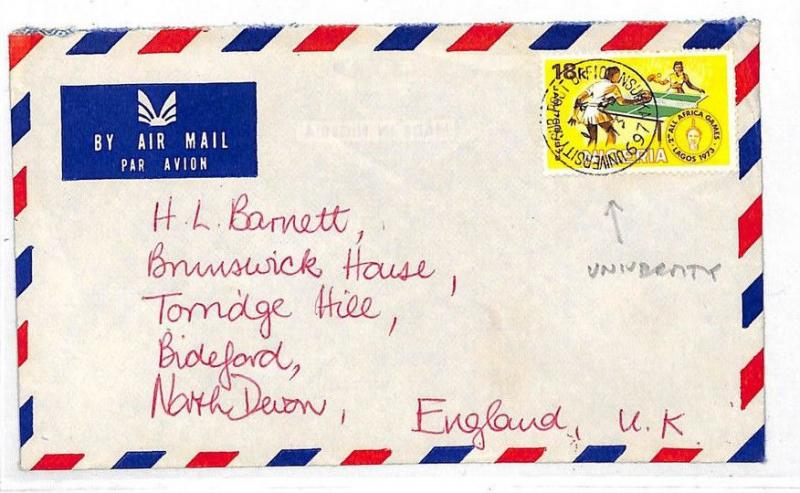 NIGERIA Cover Lagos *University Post Office* CDS Air Mail GB Devon 1973 KK363