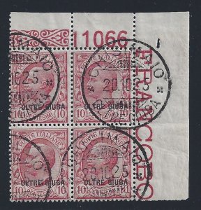 1925 OLTREGIUBA, n . 4 10 cent. pink QUARTINA USED TABLE NO