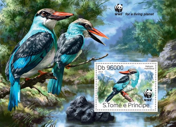 ST. TOME PRINCIPE 2014 SHEET WWF WILDLIFE KINGFISHERS BIRDS st14320b