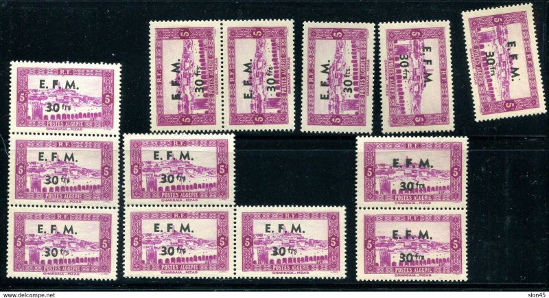 Algeria  1943 Sc 82 note Ovprt E.F.M. 30frs MNH 13 stamps strip of 2 Pair single