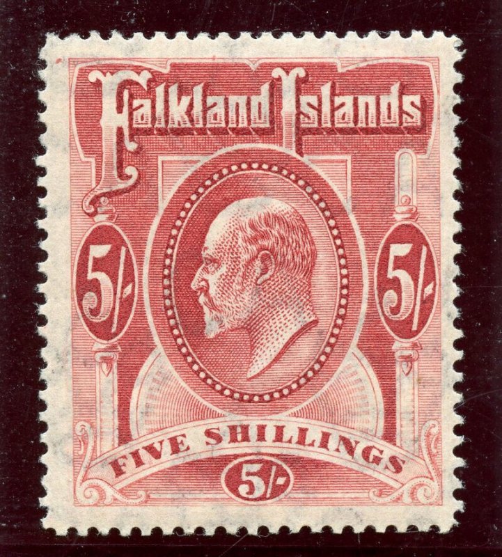 Falkland Islands 1904 KEVII 5s red MLH. SG 50. Sc 29.