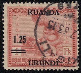 RUANDA-URUNDI  Belgium  Sc 35 Used  1.25F on 1F  VF