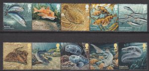 Great Britain United Kingdom 2014 Fishes fauna set of 10 stamps in 2 strips MNH