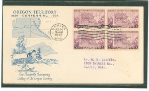 US 783 1936 3c Oregon Territory Centennial (block of 4) on an addressed (typed) FDC with a Daniel, WY Cancel and a Grimsland Cac