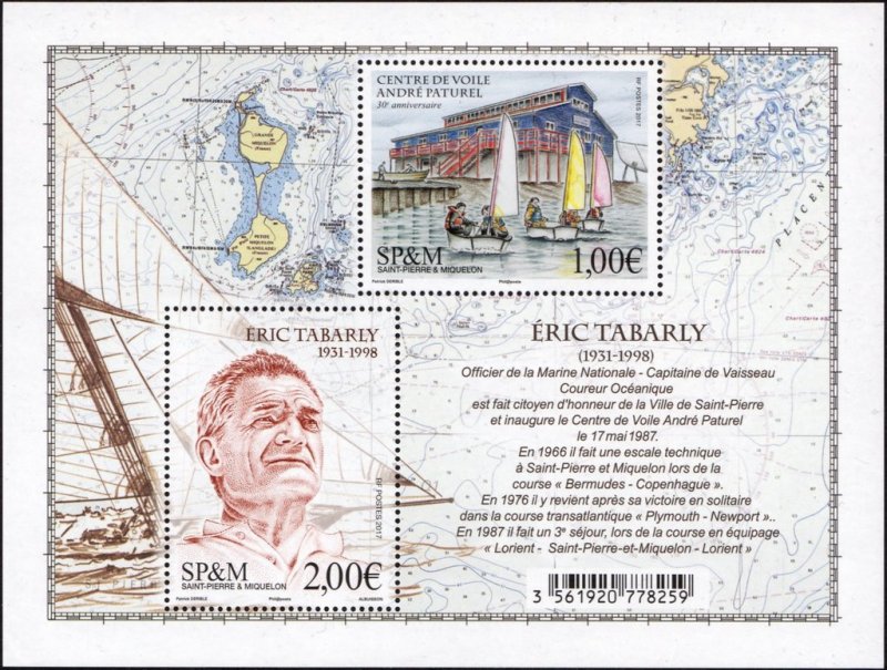 St Pierre & Miquelon 2017 Mi BL31 MNH. Eric Tabarly, map