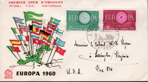 France  1960 Europa on Clean  Addressed FDC Color Cachet  VF  FLAGS