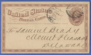 1873 Scott UX3 1c Liberty used postal card, Wilmington DE Fancy Leaf Cancel VF