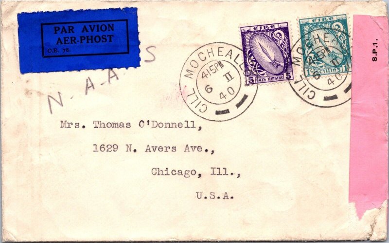 EIRE 1940 Mocheallos to Chicago ILL US Censor - A765