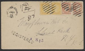 1895 Registered Cover Victoria Square (York) ONT to USA 1c+3c Small Queen Pairs