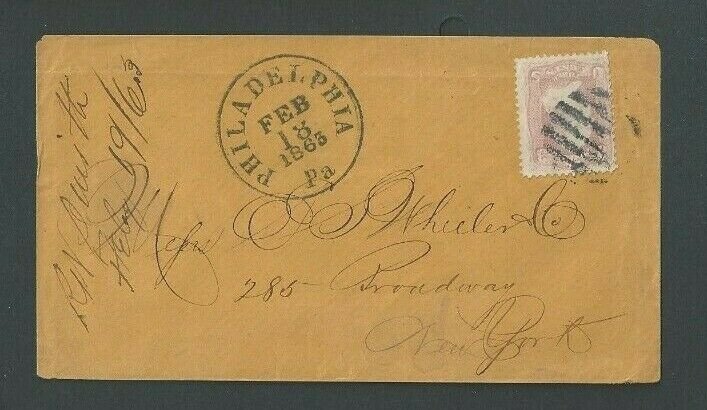 1863 #65 Rose Pink On Cover Dated Feb 18 From Phila Gorgeous