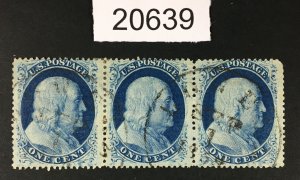 MOMEN: US STAMPS # 24 STRIP OF 3 USED POS.13-15R8 LOT # 20639