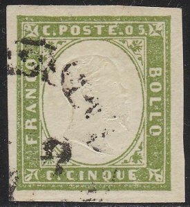 1862 Sardinia, N° 13Dc 5c. Verde Wild Olive Used Signature Bolaffi