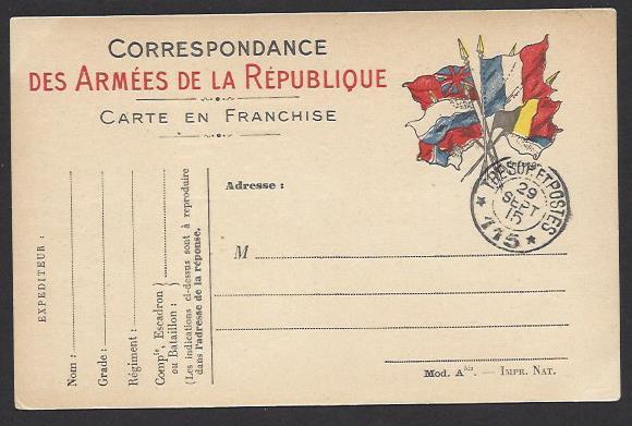 FRANCE 1915 WW1 FPO Card FLAGS w TRESOR ET POSTES 115 Postmark