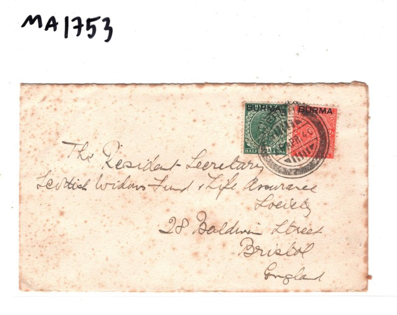 BURMA India KGV Overprints Cover *Mergui* 1940 Bristol {samwells-covers}MA1753