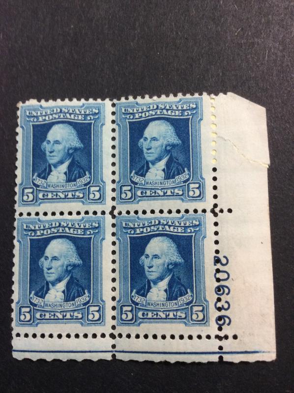 U.S.#710 Washington Bicent. 5c Plate Block of 4, MNH 'F' See NOTE** in descript.