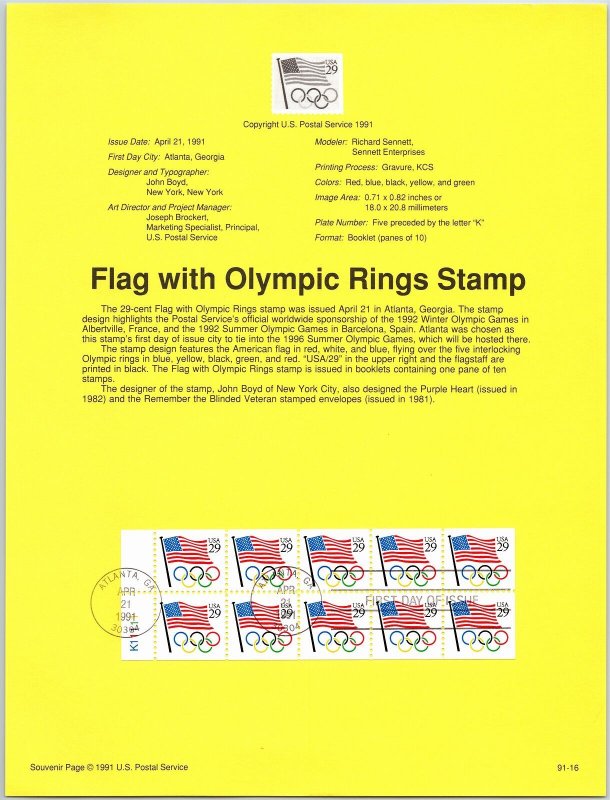 USPS SOUVENIR PAGE FLAG WITH OLYMPIC RINGS 29c BOOKLET PANE OF (10) 1991