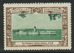 Showboat, Sydney Harbour, N.S.W., Australia, 1938 Poster Stamp, Cinderella Label