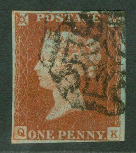 SG 8 1d red-brown plate 38 lettered QK. Very fine used Maltese cross. 4 margins