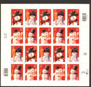 US #3676-79 Mint Sheet Snowmen christmas