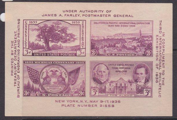 US sc#778 1936 Souvenir Sheet 4 MNH