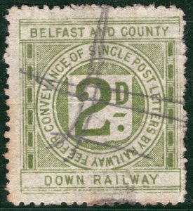 GB Ireland B&CDR RAILWAY QV Letter Stamp 2d BELFAST & COUNTY DOWN Used Pen BRW40