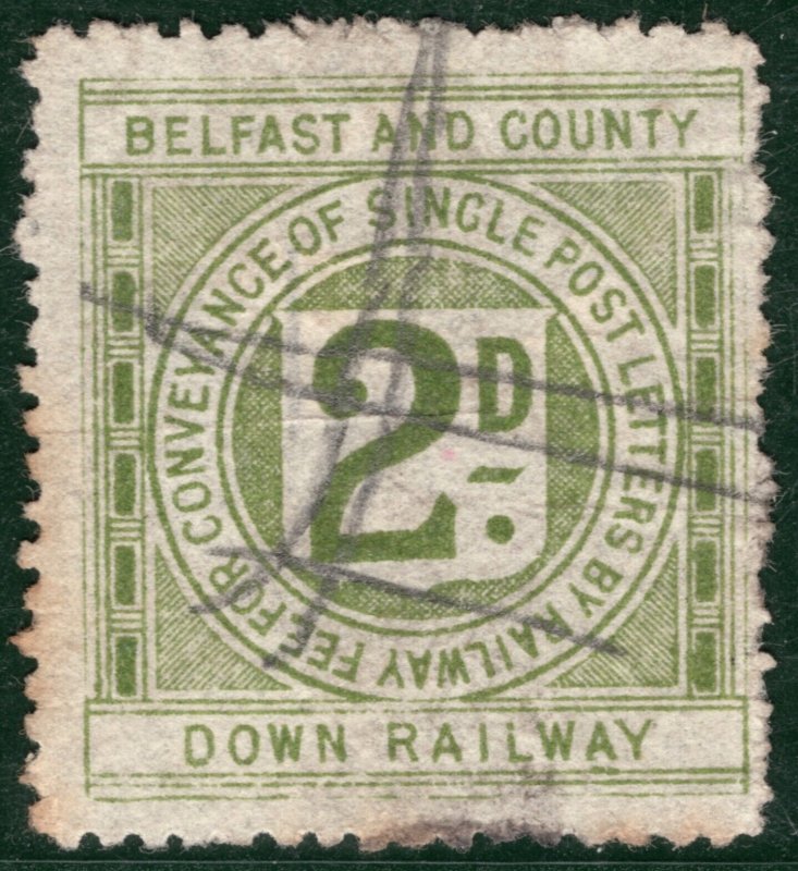 GB Ireland B&CDR RAILWAY QV Letter Stamp 2d BELFAST & COUNTY DOWN Used Pen BRW40