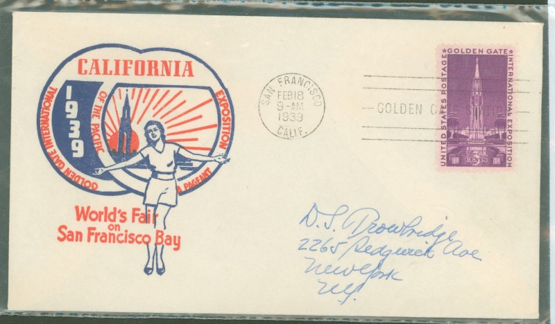 US 852 1939 Golden Gate Exposition on an addressed FDC with cachet by an unknown maker
