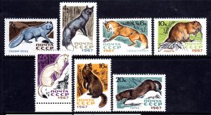 Russia USSR 1967 Fur Auctions - Fauna Complete Mint MNH Set SC 3371-3377