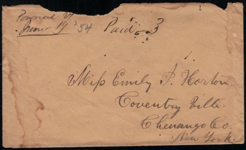 US #STAMPLESS COVER, June 19, 1854, PAID 3, NY, classic cover,   SUPER FRESH!...