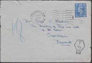 GB 1950 Postage Due Cover Birmingham to Denmark (BIRMINGHAM Taxe Mark BM-3-7c)