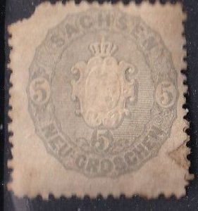 Saxony 20 (used? filler, tear ul, stain lr, toning) 5ng arms, dull vio (1863)
