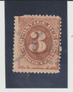 US Scott # J2 1879 3c Brown Postage Due Used N.Y. Pearl Precancel pulled corner