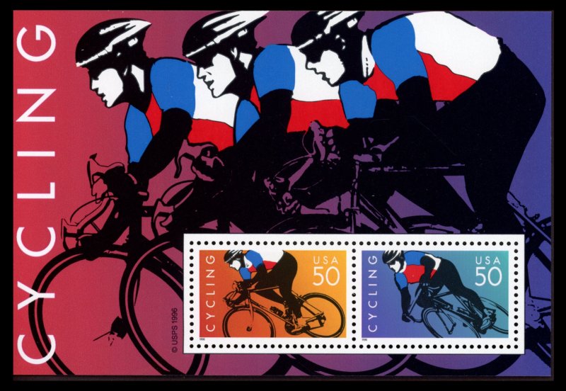USA Scott# 3119, Cycling, Souvenir Sheet of 2, Lot of 75, SCV$ 206.25 (27189)