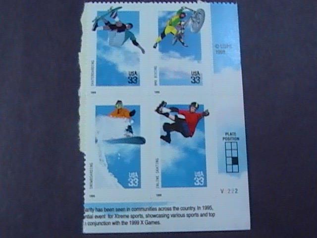 U.S.# 3321-3324-MINT/NH-LR PLATE#BLOCK OF 4-EXTREME SPORTS-1999