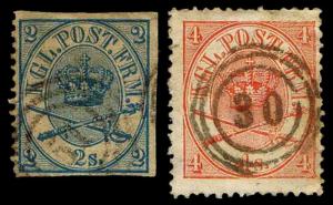 1864-68 DENMARK #11& 13 EMBLEMS - WMK 112 - P13 - USED - VF - $42.00 (E#2520)
